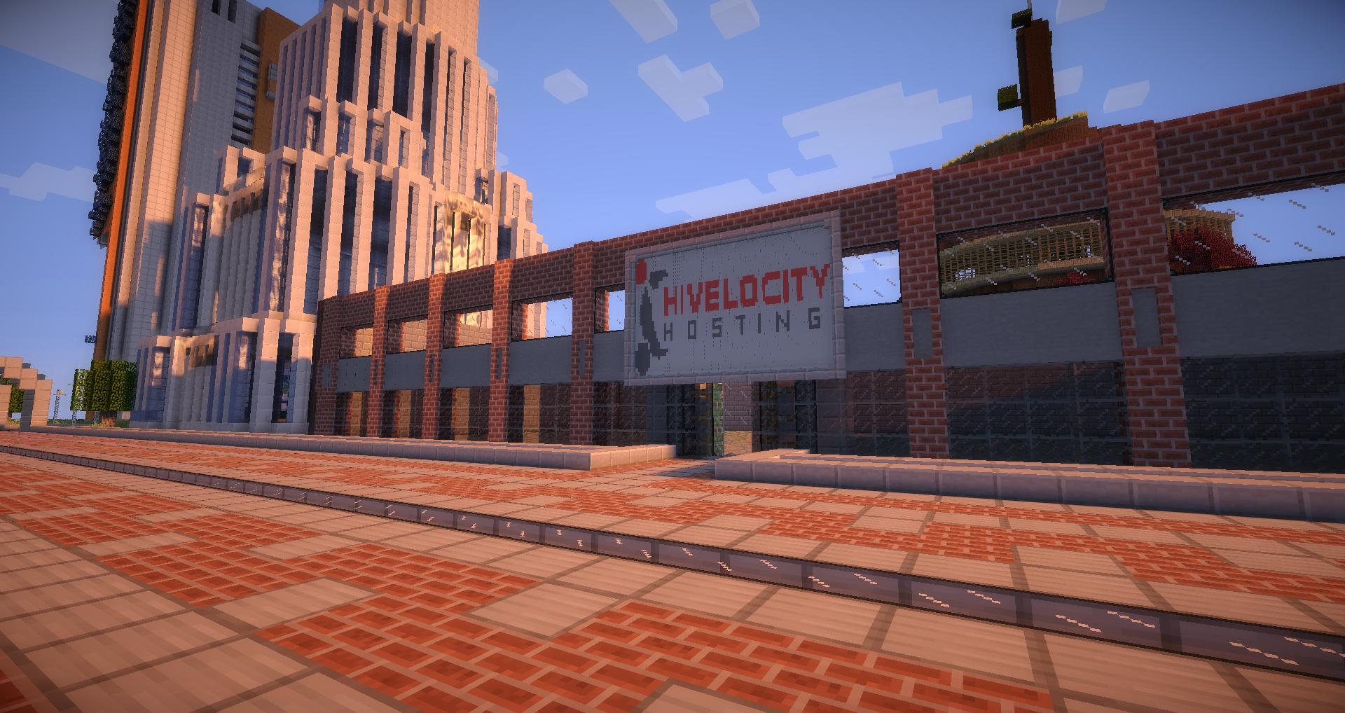 Scene from Minecraft with a sign featuring the Hivelocity logo